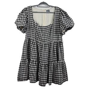 New Arula 1X Black White Gingham Plaid Babydoll Mini Dress Puff Sleeve Preppy